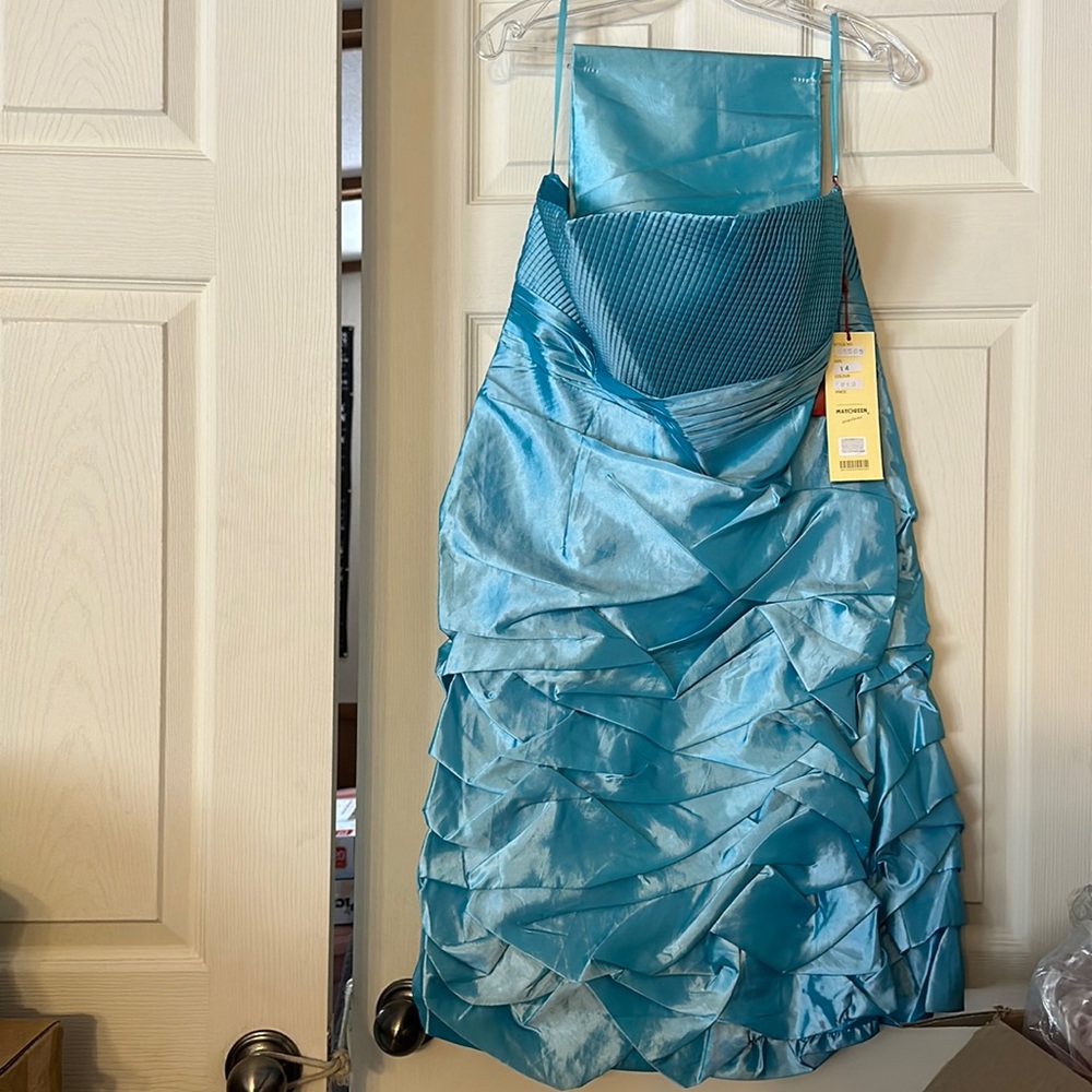 MAY QUEEN TURQUOISE RUCHED STRAPLESS DRESS & SHAWL: NWT: SZ 14